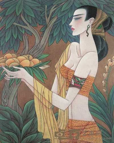 冯长江 捧果仕女 镜心 49×39cm